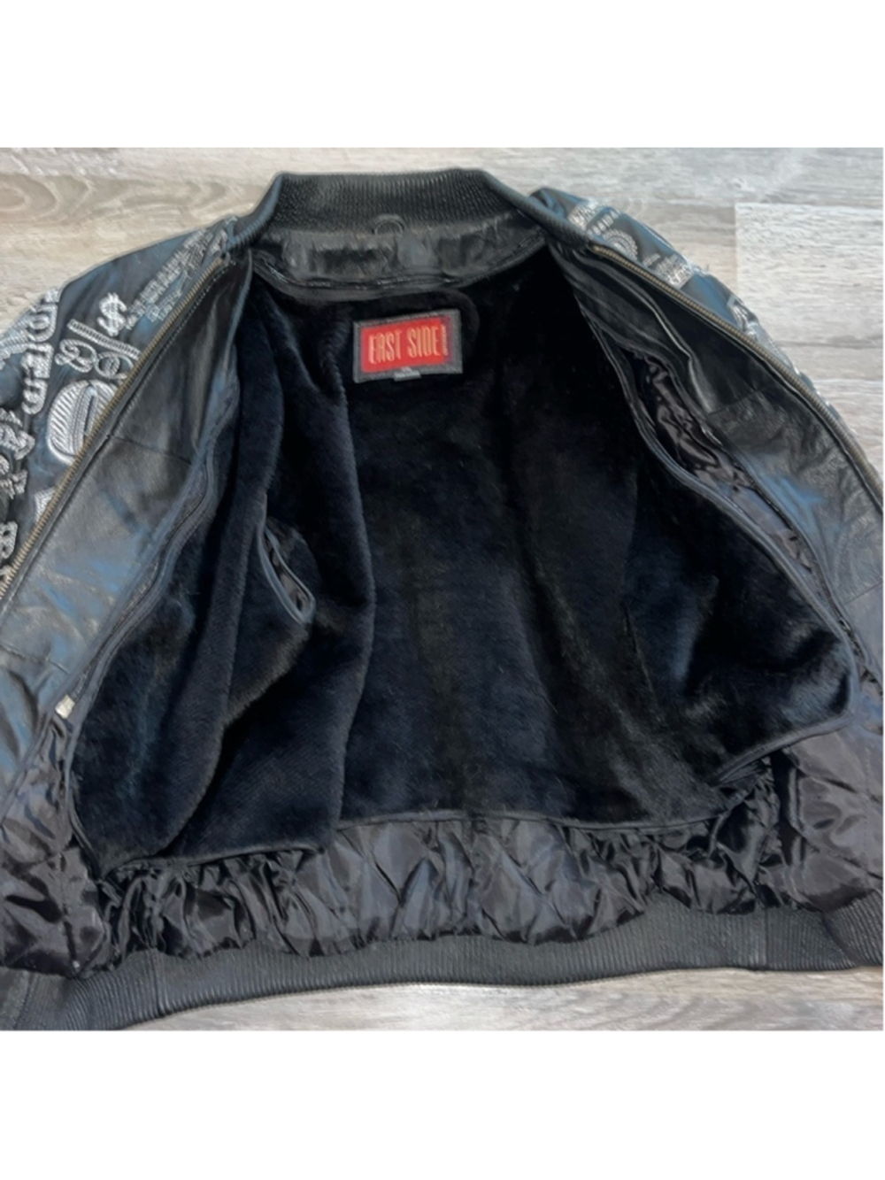 black leather lined bomber jacket embroidered money hiphop street big kids 2XL - Picture 13 of 16